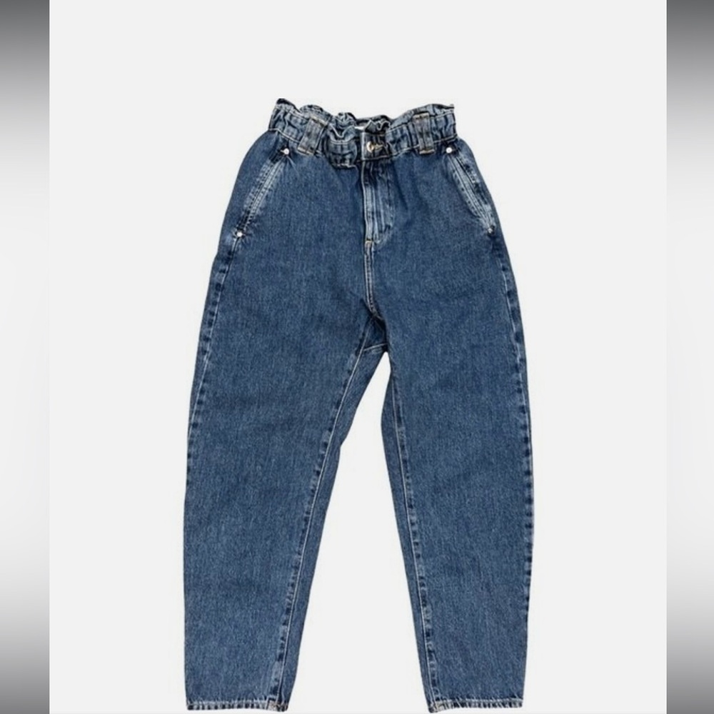 Zara High Waisted Paperbag Mom Jeans - Classic Blue Denim